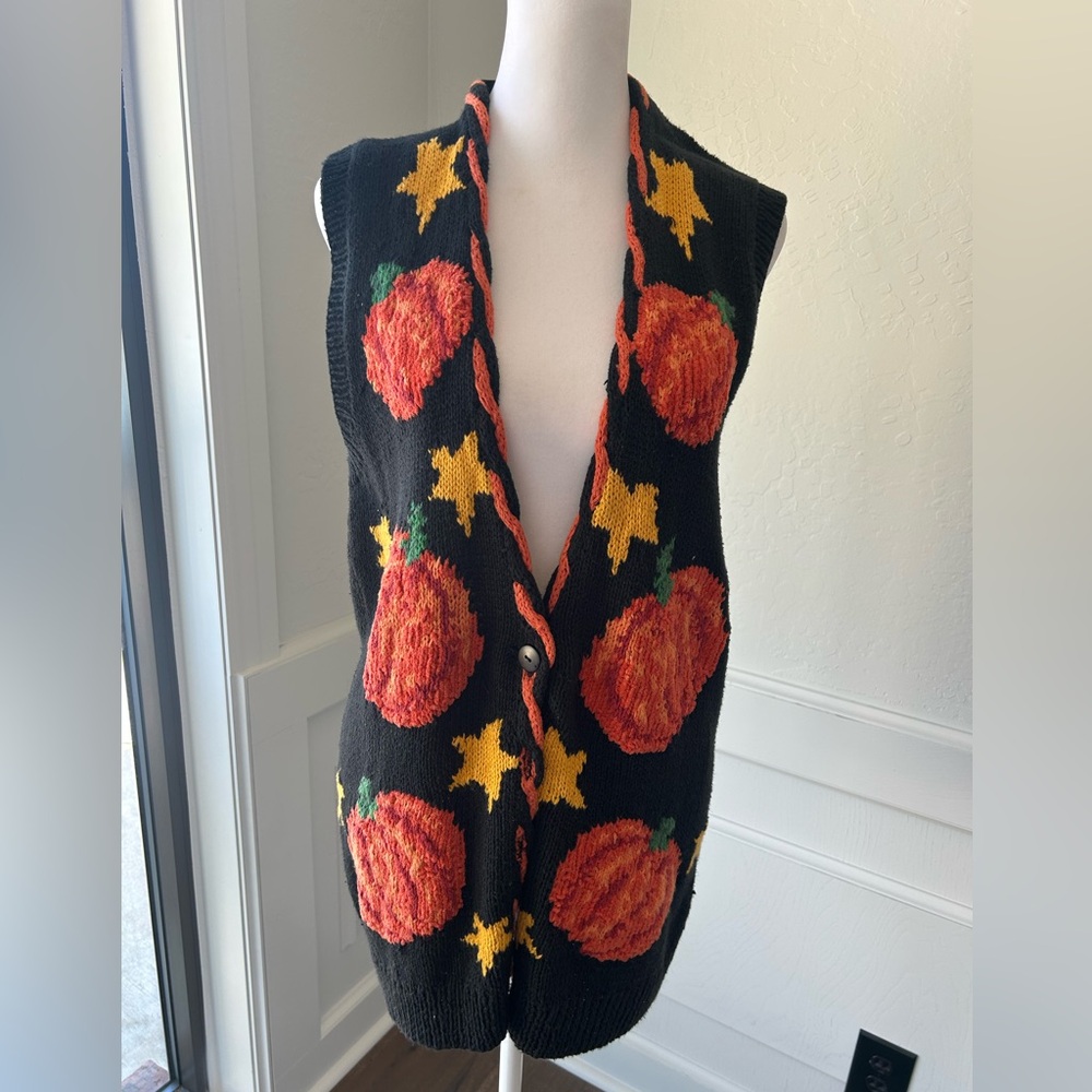Vintage 90s Marisa Christina Classics Pumpkin Patterned Black Knit Vest
